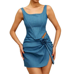 Blue Asymmetrical Ruched Bodycon Mini Dress